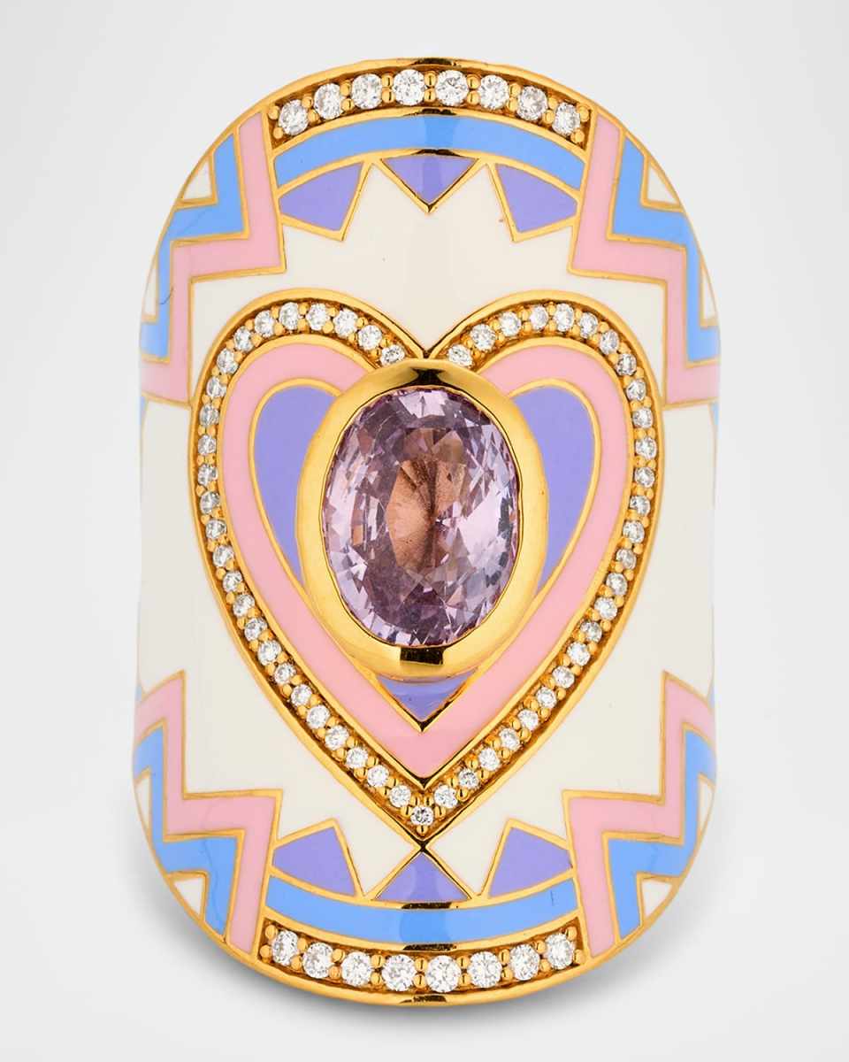 20K Heart Wrap Ring with Enamel, Spinel and Diamonds